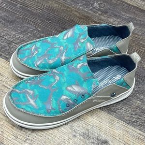 COLUMBIA Omni Grip Printed Canvas Shark Aqua Teal Boat Shoe Slip On Size 6